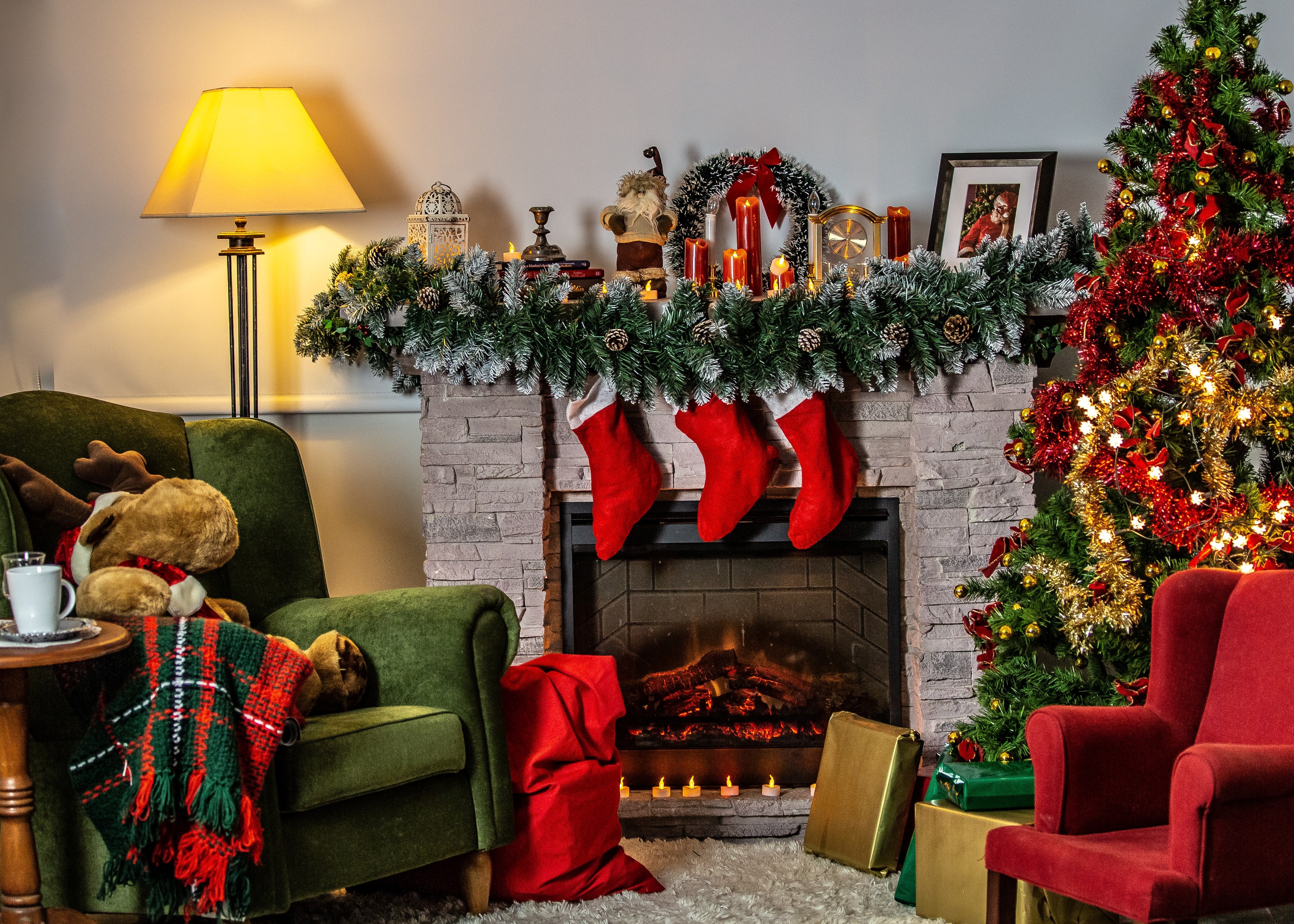 Christmas themed living room and fire place