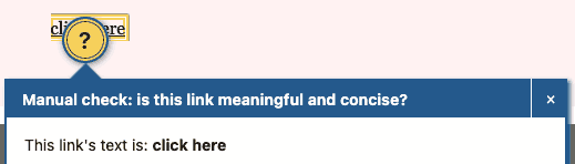 Editoria11y warning about a "click here" link