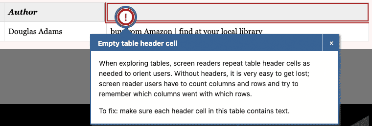 screenshot of Editoria11y reporting an empty table header cell