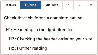 screenshot of Editoria11y showing the outline of headers for this post