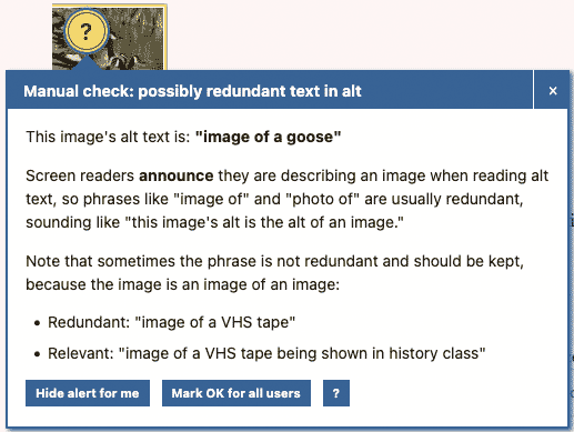screenshot of Editoria11y finding possibly redundant text, and noting that it needs to be manually checked