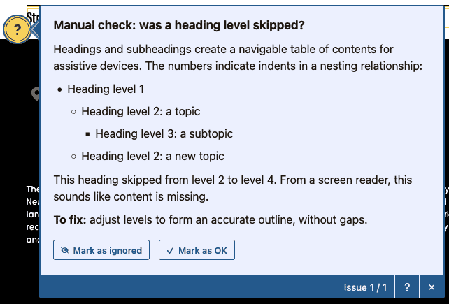 screenshot of Editoria11y showing that a heading level may have been skipped