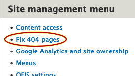 screenshot of the site management menu showing the location of the fix 404 pages link