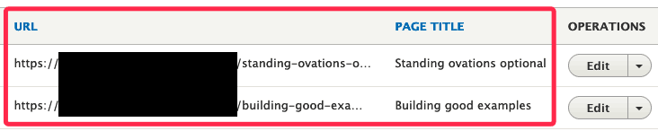 screenshot highlighting the "URL" and "page title" columns in form results