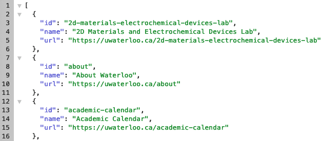 partial view of the JSON file, showing all records have keys of "id", "name", and "url"