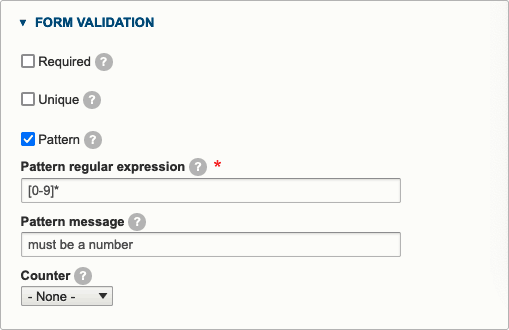 a screenshot of form validation showing the [0-9]* regular expression and a custom pattern message