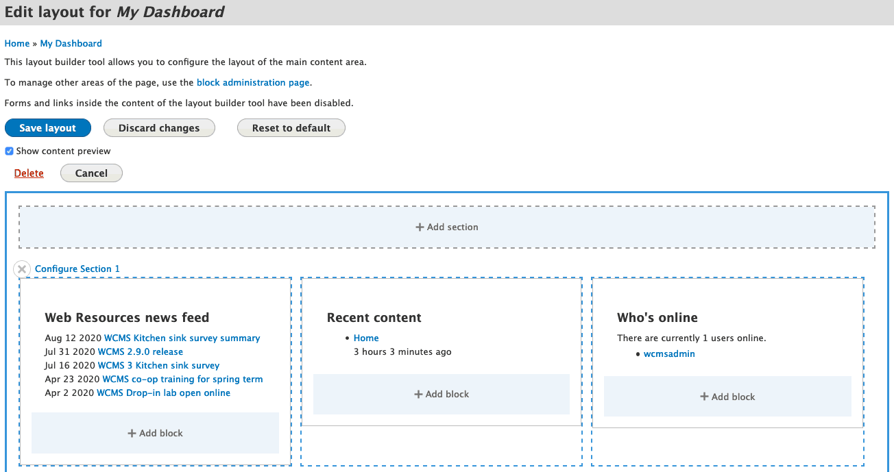 screen shot of editing the layout of the preliminary default dashboard