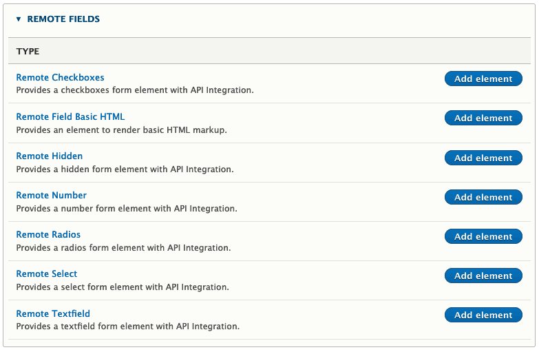 showing the remote field types: checkboxes, basic HTML, hidden, number, radios, select, and textfield