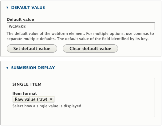 showing the default value set to WCMSKB and the item format set to raw