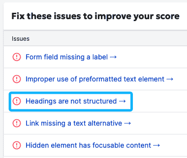 screenshot of Siteimprove showing an issue with heading structure