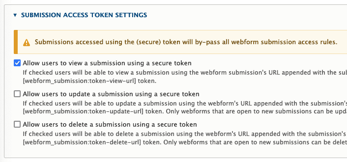 screenshot showing the option to view a submission using a secure token is selected