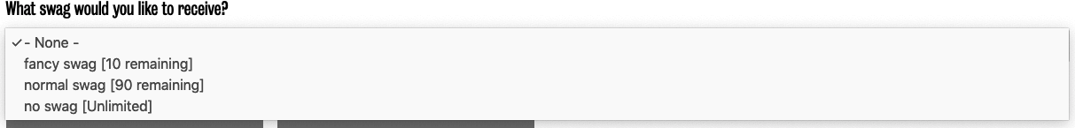 screenshot showing the swag selection form