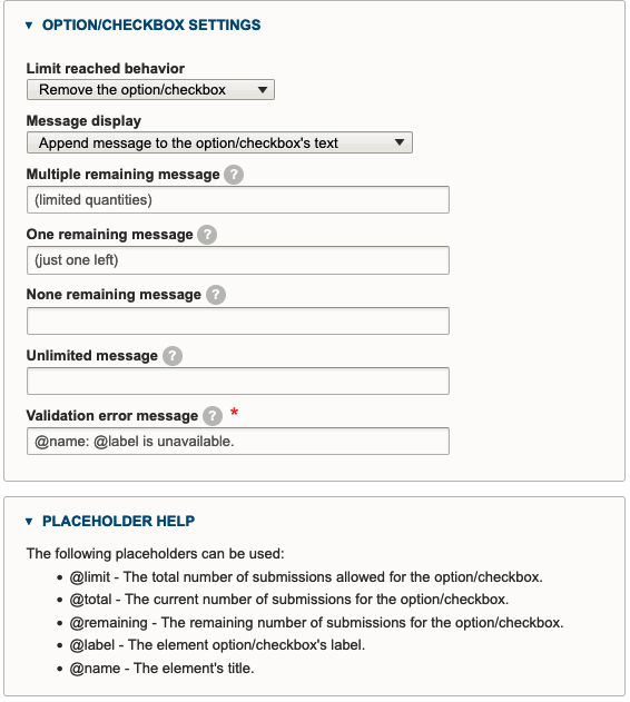 screenshot of the options/checkbox settings