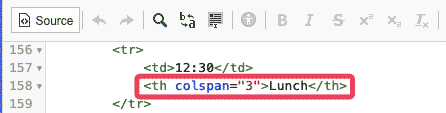 screenshot of source mode showing a <th> with no scope