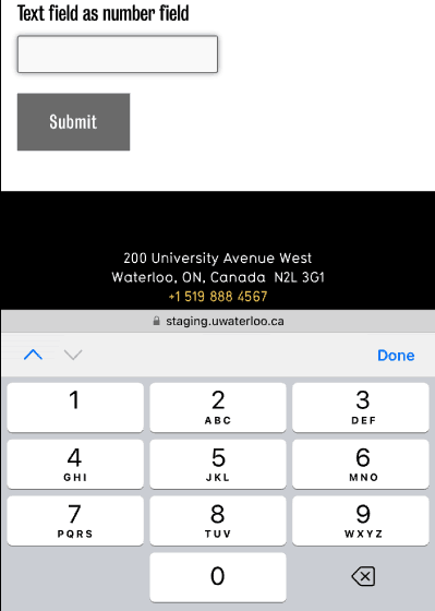 The keyboard that appears on an iPhone when a text field with the number pattern is clicked