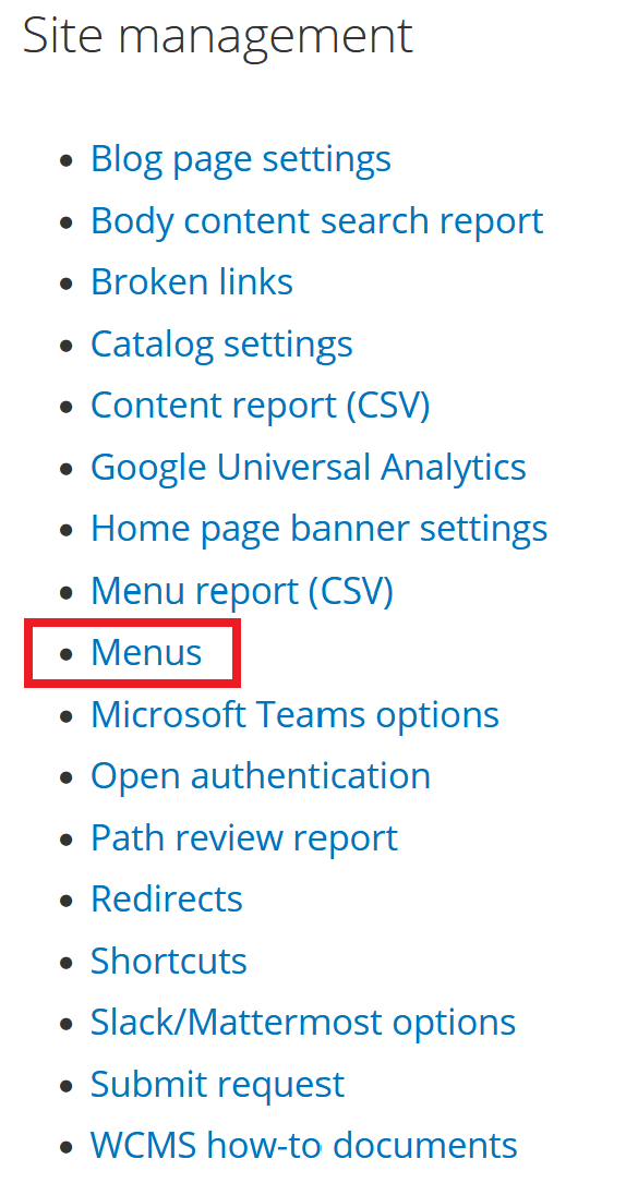 wcms 2 site management menu
