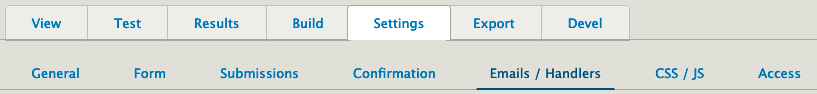 The webform admin tabs on the settings section, with emails/handlers selected.