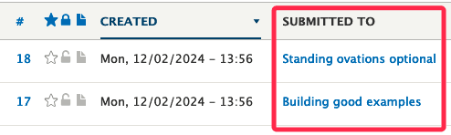 screenshot highlighting the "submitted to" column in form results