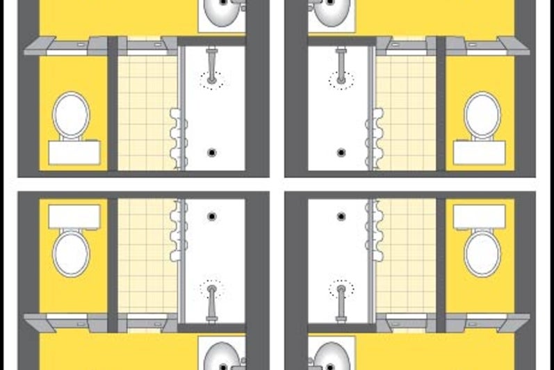 Claudette Millar Hall floor washrooms. Schematic shows 4 single washrooms each with a separate toilet room, a shower and a sink, all behind a lockable door.