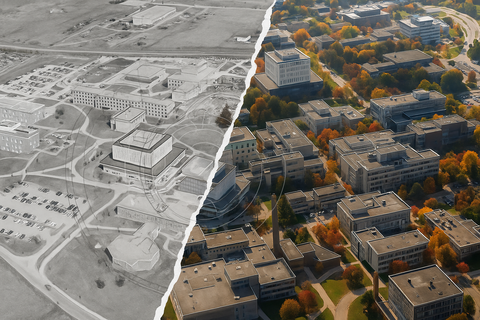 a split image. one half shows the campus in an old black and white photos and the other a colour rendering of today