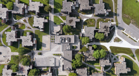 An overhead view of student housing structures at UWaterloo