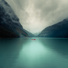 mountains, lake, canoer