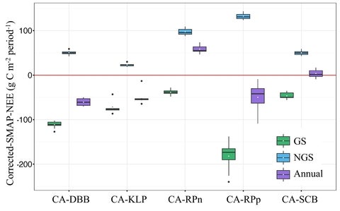 Boxplots of Corrected-SMAP-NEE (g C m-2 period-1)