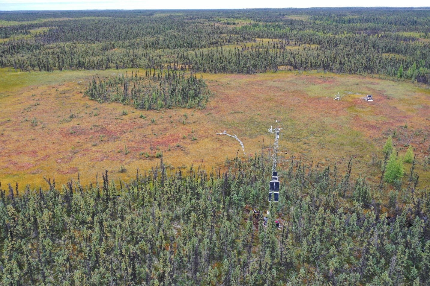 The landscape and some research infrastructures at the headwaters of the Scotty Creek research basin. 