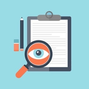A magnifying glass with an eye symbol focusing on a document on a clipboard, alongside a pencil and an eraser symbolizing background research.
