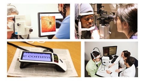 Three images showing people getting eye exams and one image of a digital magnifying tool.