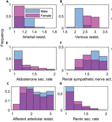 Six bar graphs (A-F) showing the frequency distribution of various physiological parameters in males (blue) and females (purple). Graph A shows arterial resistance, B shows venous resistance, C shows afferent arteriolar resistance, D shows renin secretion rate, E shows aldosterone secretion rate, and F shows renal sympathetic nerve activity.