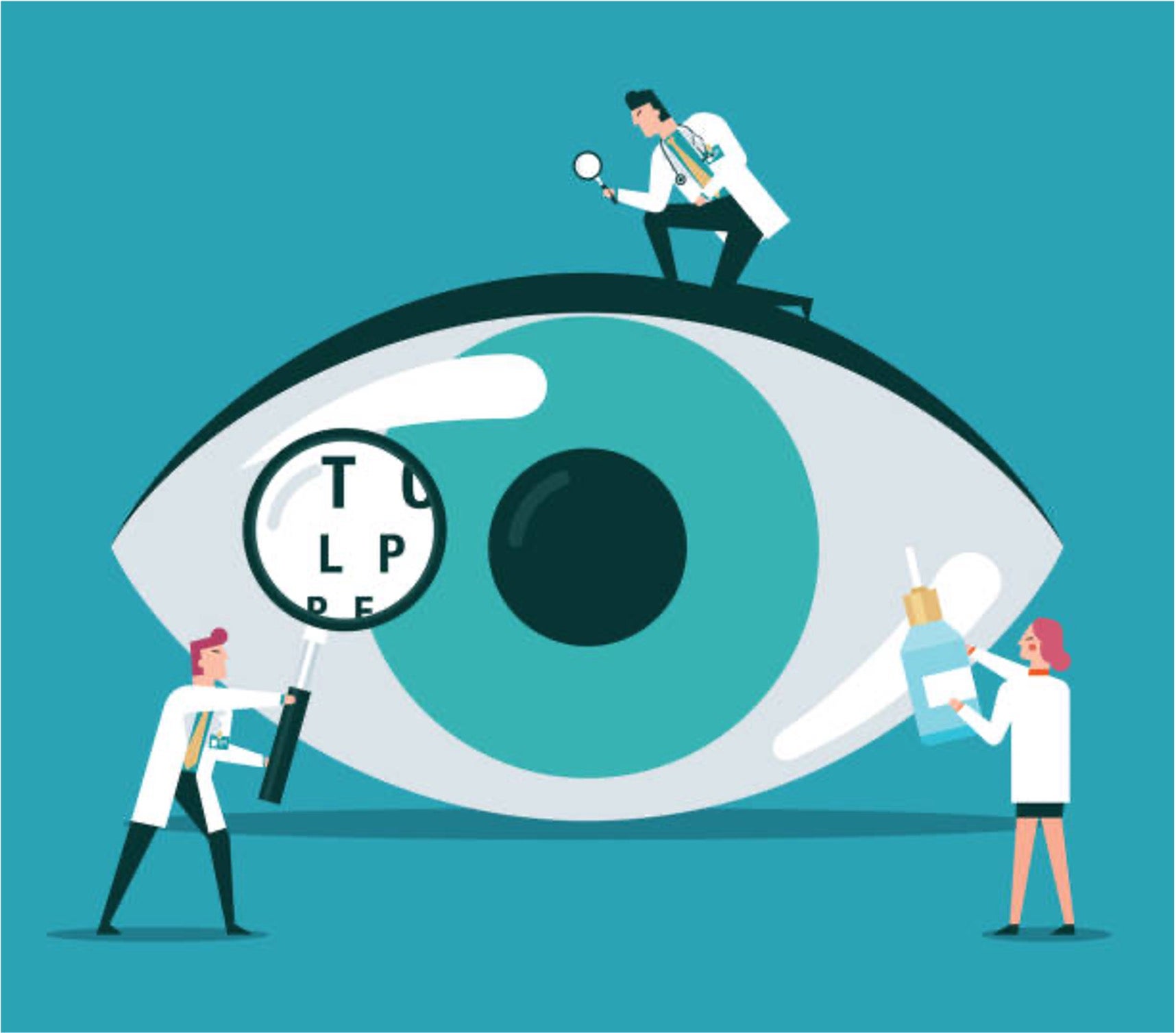 Illustration showing three medical professionals examining a large human eye, representing eye care and ophthalmology.
