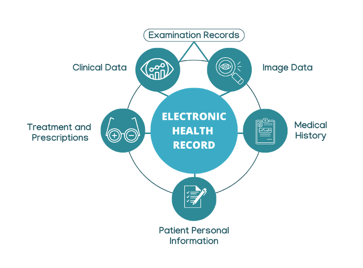 Diagram illustrating the components of an Electronic Health Record (EHR), including Examination Records (Clinical Data, Image Data), Medical History, Patient Personal Information, and Treatment and Prescriptions.
