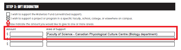 Screenshot of portion of mail or fax form showing where to click (second box) and where to fill in CPCC information 