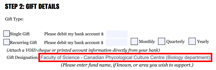 Pre-authorized debit giving form settings for CPCC donations.