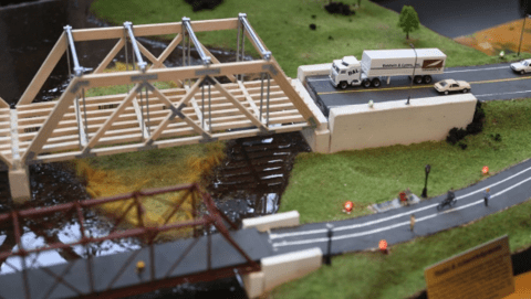 Model set of bridges and cars