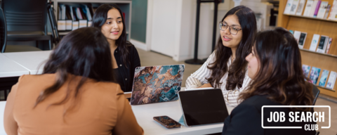 4 students having a discussion with job search club wordmark in bottom right corner