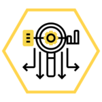 Icon of a magnifying glass and arrows coming from it representing decision making