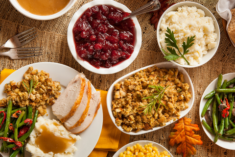 Holiday menu with turkey, stuffing, cranberry sauce