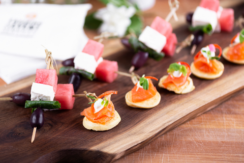Watermelon feta basil canapes and salmon hors d'ouvres