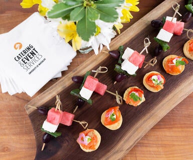 Summer watermelon skewers with mint feta and Kalamata olives and smoked salmon pancakes 