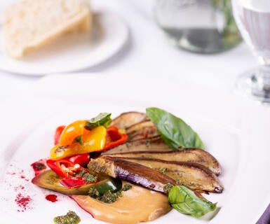 Roasted Japanese eggplant with cashew butter and pickled peppers