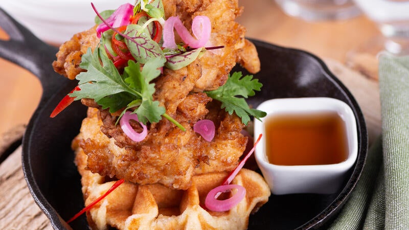 Fried Chicken (halal) and Waffle with spiced local maple glaze