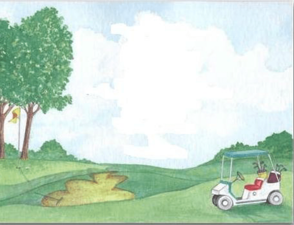 Scene of golf course with tress and golf cart.