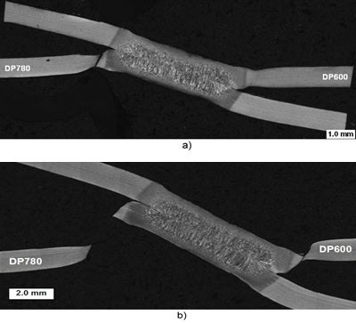 Two cross-sections of DP600-DP780 partial lap-shear tensile test just after peak load was attained (the first cross-section) and just after final failure (the second cross-section).