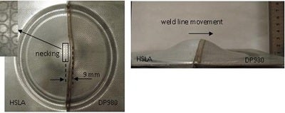 The biaxial stretch formed HSLA-DP980 (dissimilar combinations) LWBs prepared by diode laser welding