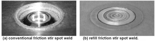 two welds -  conventional friction stir spot weld and refill friction stir spot weld