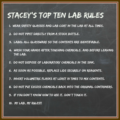 Listing of lab rules as a chalk board image. Details in text.