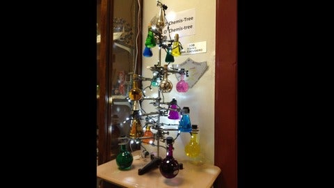 Christmas tree made from retort stand, clamps, and flasks.