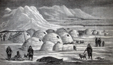 Drawing of people, dogs and igloos.